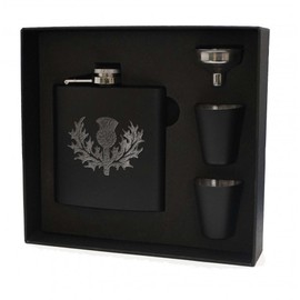 Art Pewter Scottish Thistle Clan Crest Black Hip Flask Box Set