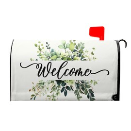 Welcome Spring Mailbox Covers Magnetic Standard Size 25.5" X 21",Green Eucalyptus Leaf Wreath Mailbox Wraps Post Letter Box Cover for Holiday Garden Yard Decor