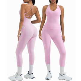 OMKAGI 2 Piece Workout Sets for Women Padded Workout Tops Booty Leggings with Pockets Gym Sets (S,445-Light Pink)