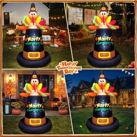 8FT Thanksgiving Inflatables Outdoor Decoration Inflatable Turkey Sits on Pilgrim Hat, Built in LED Lights Blow Up Yard Decorations for Fall Holiday Party Garden Lawn Décor