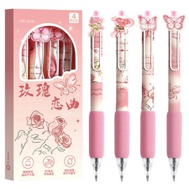 MOZXIRZ 4 Pcs Pink Rose Butterfly Pens Cute Retractable Pen 0.5mm Black Ink Writing Pen Kawaii Aesthetic Gel Pens for Women Girls Kids Men Boy Office School Supplies (Pink)