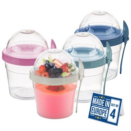 Crystalia Reusable Yogurt Parfait Cups with Leak-Proof Lids, On the Go Plastic Bowls with Topping Cereal Oatmeal Salad or Fruit Container, Set of 4, Made in Europe (Small 17 oz)