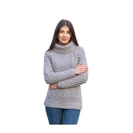 SAOL Aran Irish Sweater for Women - Made of 100% Merino Wool - Ireland Fisherman Cable Knit Ladies Pullover (Soft Grey, Large)