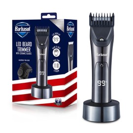 Barbasol Hair and Beard Trimmer for Men, Rechargeable Battery with Charging Base, Powerful Hypoallergenic Ceramic Blades, Dial Adjustable Hair Guard Length with 10 Settings, LED Screen