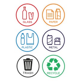6 Pack 6" Glass, Paper, Plastic, Metal, Trash, Recycle Sign Stickers - Self-Adhesive Vinyl Decal Recycle Logos - Eco-Friendly Trash Can Signs - 6" - Indoor & Outdoor Use - Waterproof & UV Protected