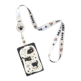 NATUAKE Cute Cat Pattern, Thin Pass Case, With Reel, Card Holder, Commuter Holder, With Strap, Neck Hanging Type, For Work or School Commutes (Vertical Type + 3 Cat Patterns)