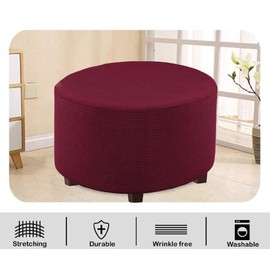 VIENLOVE Round Ottoman Slipcover Polyester Blend Footstool Protector Covers Stretch with Elastic Bottom Feature Textured Machine Washable Jacquard Fabric (Burgundy, Medium Size)