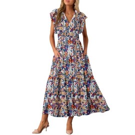BLENCOT Women's Summer Casual Boho Flowy Maxi Dress Floral Print Tie V Neck Ruffle Short Sleeve Beach Party Dresses with Pockets P1020 M
