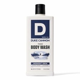 Duke Cannon Supply Co. Thick High Viscosity Body Wash - 3X Thicker, Cleansing Shower and Bath Gel, Mineral-Enriched Body Wash for Men - Sandalwood + Lavender - Mens Body Scrub - Midnight Swim (18 oz)