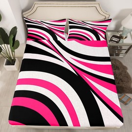 Feelyou Rose Pink Black White Sheet Set for Kids Boys Girls Stripes Sheets with Deep Pocket Fitted Sheet Full Size Geometric Bed Sheets Set Bedroom Decor Modern Art Abstract Art 4Pcs