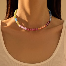 Beaded Necklace for Women Summer Colorful Bead Necklace for Women Boho Rainbow Stone Beaded Choker Necklace Bohemian Jewelry Gift