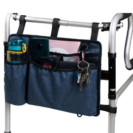 Sarcia Bolsa lateral para silla de ruedas, accesorio de reposabrazos para almacenamiento, organizador ligero para andadores con franja reflectante para adultos, personas mayores, ancianos, personas con discapacidad (azul)