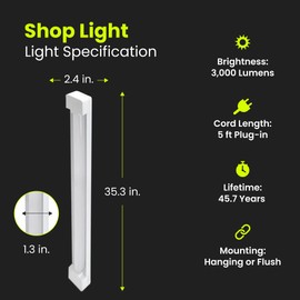 Feit Electric 3ft LED Utility Light, 3000 Lumens, 4000K Cool White, Plug-in, Flush/Hanging Mount, Ultra-Lightweight, 30W LED Shop Light and Under Cabinet Light, 50,000-Hour Lifespan, SHOP/3X1/840/V1