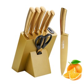 8-Piece Luxury Gold Kitchen Knife Set with Wooden Block Non-Rust Gifts
