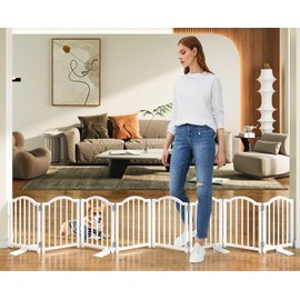 Short Dog Gate Indoor, 16" High Freestanding Small Dog Door Gates with Support Feet, Expands Up to 96’’ Wide Foldable Pet Gate for Doorway, 6 Panel Folding Pet Door Pet Fence for Puppy, White