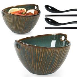 Ceramic Ramen Bowl with Chopsticks and Spoons Set, 6.7 Inch Noodle Bowl Set for Pho Udon Soba, Set of 2 (Ocean Blue)