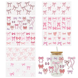 8 Sheets Bow Theme UV DTF Cup Wrap Transfer for Glass Cups Bow Stickers Rub on Transfers for Crafts Waterproof Transfer Stickers for 16oz Libbey Glass Cups
