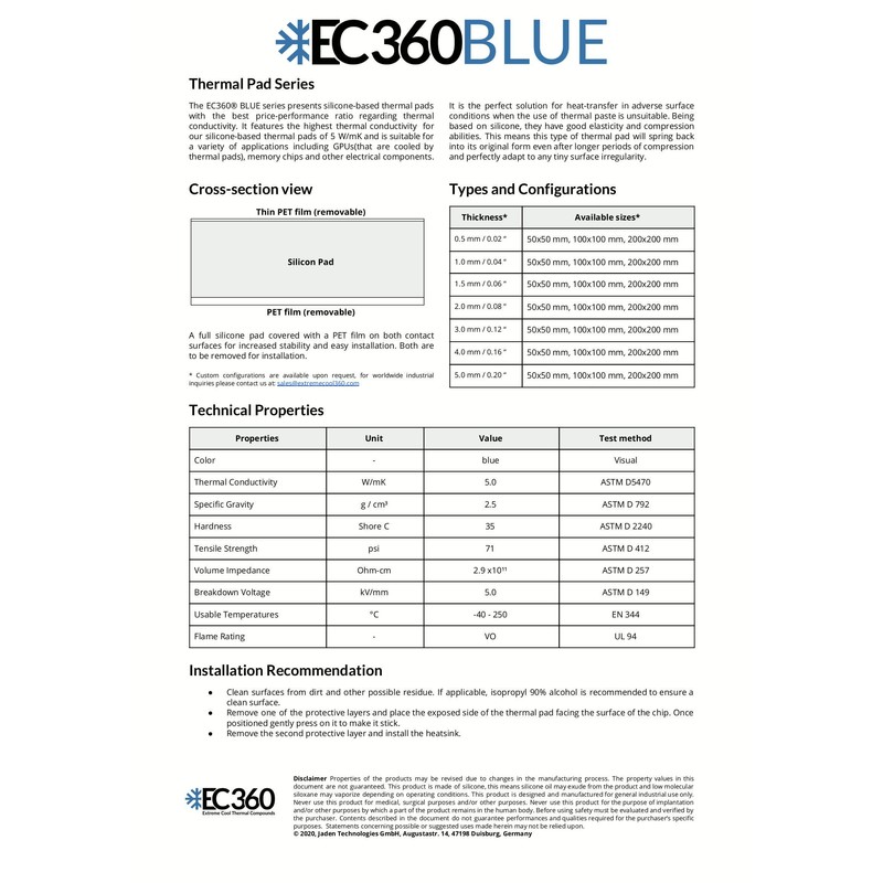 EC360® Blue 5W/mK Thermal Pad (200 x 200 x 4.0
