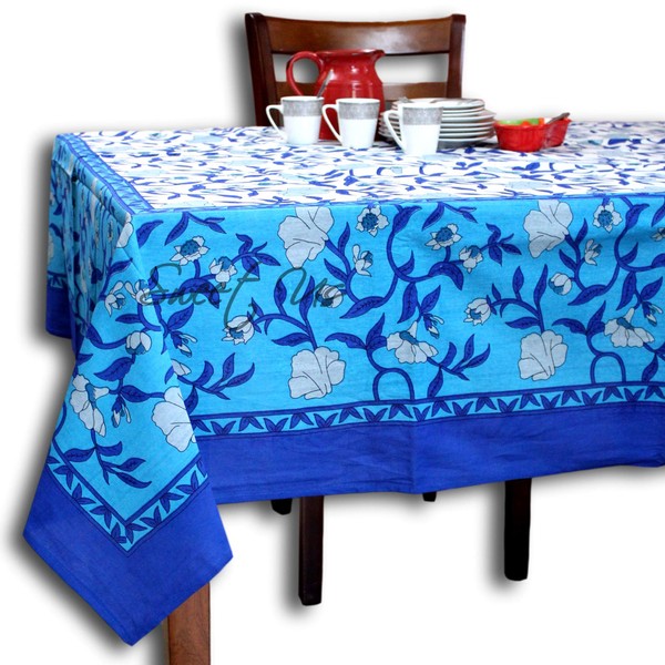 Cotton Floral Tablecloth for Rectangle Tables White Blue Gray Floral Vine Table Cloth 70 x 104 Inch Table Cover for Indoor and Outdoors