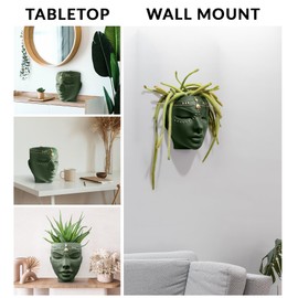 Bossa Linda Head Planter - Indoor & Outdoor Home Decor Gifts for Plant Lovers - for Flat Surface or Wall Mount - Unique Face Planter for Flowers, Succulents, & More (7 inch, Serena Design, Green)