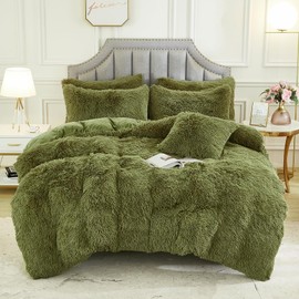 JAUXIO Luxury Long Faux Fur Bedding Set Shaggy Comforter Duvet Cover with Pillow Sham Ultra Soft Home Decoration (Sage, King)