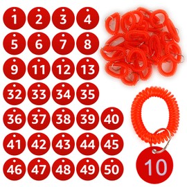 RILIHII (50 Pieces/Set) Number Tags, Door Number Tags, Cloak, Locker, Number Tags, Red, Number Number 1 to 50, Diameter 1.4 inches (35 mm), Key Label Tag, Key Holder, Round, Waterproof, High