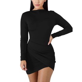 BORIFLORS Women's Sexy Wrap Front Long Sleeve Ruched Bodycon Mini Club Dress,Large,Black