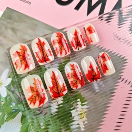 Maple Leaf Press on Nails Medium Square Fake Nails with Glitter Fall Leaves Design Milky White Glossy Acrylic False Nails Autumn Stick on Nail Reusable Gel Glue on Nail for Women 24Pcs