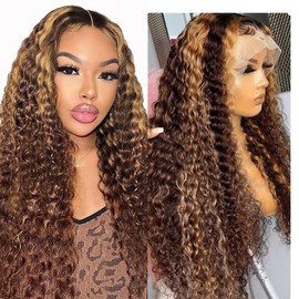 13x6 Highlight Lace Front Wig Human Hair 30inch 4/27 Ombre Deep Wave Lace Front Wig Human Hair Pre Plucked With Baby Hair 180% Density Honey Blonde Curly Human Hair Glueless Wigs (30 inch)