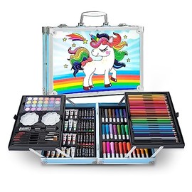 Raganet, Set de Arte Profesional con 145 Piezas, Juego de Dibujo con Plumones, Colores, Pinturas, Aquarelas y Crayolas, Kit de Pintura con Estuche Organizador Portatil en Forma de Maletin Azul