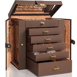 AKOZLIN Large 6-Tier Jewelry Box Organizer Functional Huge Lockable,5 Drawers Leather Jewelry Storage Case for Women Girls Ring Necklace Earring Bracelet Holder Organizer with Mirror Brown