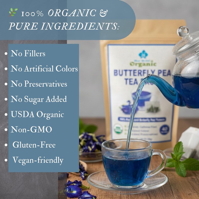Organic Butterfly Pea Flower Tea Bags - 40 Organic Corn