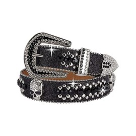 GARGOYLE BELLS Women Rhinestone Western Belt for Jeans Bling Studded Leather Cowgirl Cowboy Belts BB Wasit Diamond Belt (Skull-2&Black, M Fit Waist:30-34inches（41.3" Length）)