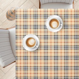 KP HOME Washable Tablecloth, Square PVC Tablecloth, Wipe-Clean, 137 x 137 cm, Weatherproof Oilcloth Tablecloth for Indoor, Outdoor, Oilcloth Tablecloth, Smudgeproof, Beige Checked Pattern in Heritage