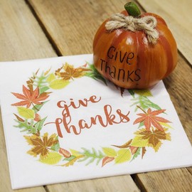 BLUE PANDA 100 Pack Give Thanks Thanksgiving Cocktail Napkins, Fall Leaves Wreath Design (5 x 5 In) - Paper Napkins