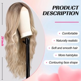 EMMOR Long Ash Blonde and Mixed Blonde Wavy Wig for Women Lace Front Wigs Natural Looking 26 Inch Middle Part Curly Wig Heat Resistant Synthetic Wigs for Daily Party Use