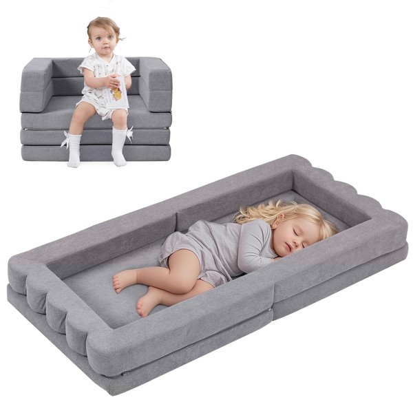 Portable Toddler Travel Bed|3-in-1 Convertible Sofa Bed High-Density Foam Floor