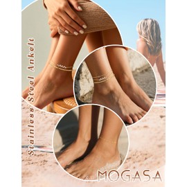 MOGASA 3Pcs Ankle Bracelets for Women Girls Adjustable Dainty Layered Waterproof Beach Anklets for Women Silver/Gold with Velvet Bag