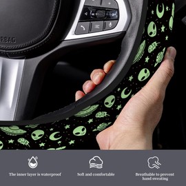 ASJHFDIR Car Steering Wheel Cover, Universal 15 Inch Non-Slip Breathable Neoprene Elastic Steering Wheel Protector, Cute Car Accessories for Women Men Fit Auto, Suvs Cute Green Aliens