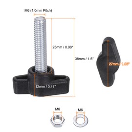 sourcing map 16pcs Tee Wing Knobs M6 x 25mm Metric Thread 27mm Z/T Head Plastic Handles Thumb Screws Hand Clamping Threaded Stud Knob Grip Thumbscrew with Nuts Washers, Black