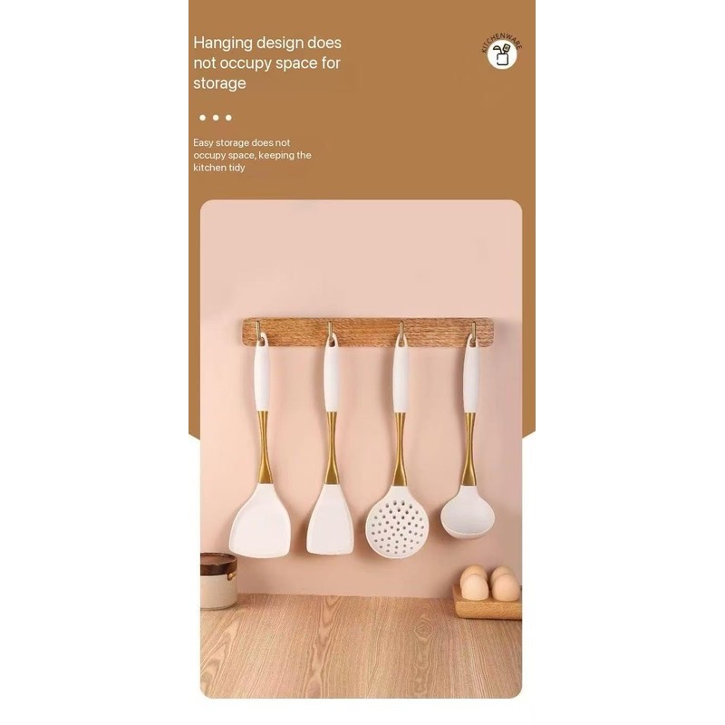 8-Piece White Kitchen Utensil Set with Gold Handles, Stainless Steel