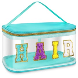 Aufee Chenille Letter Clear Hair Bag, Snack Bags for Travel, Preppy Makeup Bag with Zipper, Hair Accessory Organizer Pouch Waterproof PVC & Nylon Glitter Toiletry Storage for Women Girl(hair-green)