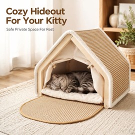 Large Wood Cat House for Indoor Cats - Cute Cat Tent Bed & Hideaway with Scratcher, Sturdy Wooden Cat Apartment & Fort for Sleeping and Playing