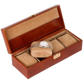 Time Resistance Leather Watch Box - 4 Slot Luxury Watch Organizer - Watch Display Case - Jewelry Storage Case (Cognac)