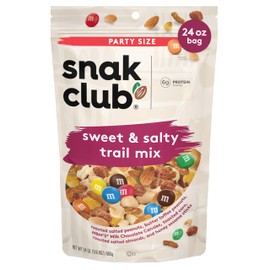 Snak Club Sweet and Salty Trail Mix with Peanuts, Butter Toffee Peanuts, M&M'S Chocolate Candies, Toasted Corn, Honey Sesame Sticks, and Almonds, Kosher Snack, 24 oz Resealable Bag