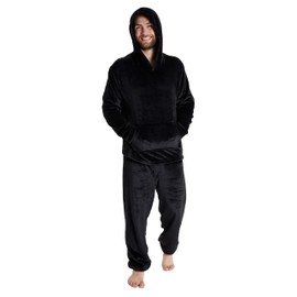 CityComfort Mens Pyjamas Set, Warm Fleece Pyjamas for Men with Fluffy Hoodie (Black, L)