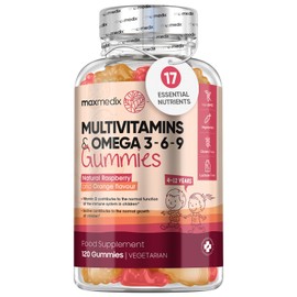 Multivitamin for Kids - 120 Natural Raspberry & Orange Flavour Chewable Gummies (2 Month Supply) - Low-Sugar Kids Vitamins Multivitamins with Zinc & Omega 3, 6 & 9 - Vegetarian Vitamins for Kids