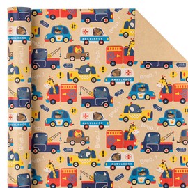 WRAPAHOLIC Kraft Car Wrapping Paper - Mini Roll - 17 Inch x 16.5 Feet - Adorable Police Fire Trucks Animal Design, Perfect for Kids Boys Birthday, Baby Shower