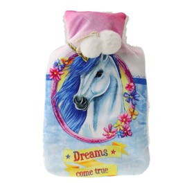 Unicorn Pom Pom Detail Hot Water Bottle Blue/Pink 4 Designs 32cm x 20cm