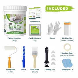 17oz White Tub and Tile Paint, Low Odor Tub and Tile Refinishing Kit for Bathroom, Provides 25-30sq.ft Coverage with Semi-Gloss Finish, Bathtub Refinishing Kit for Kitchen, Shower, Sink, Fiberglass